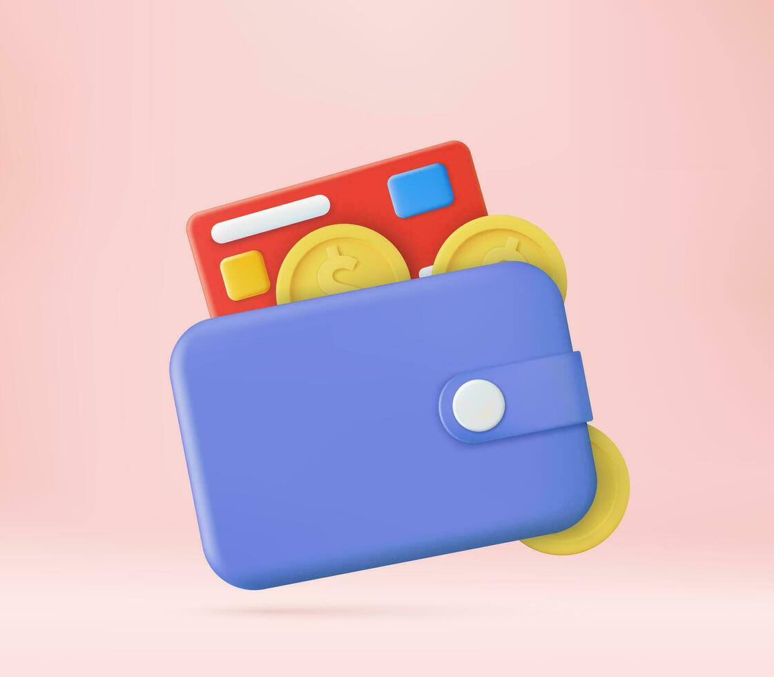 3d geld besparing icoon concept. online betaling, portemonnee, munten en credit kaart Aan roze achtergrond, 3d weergave. vector illustratie