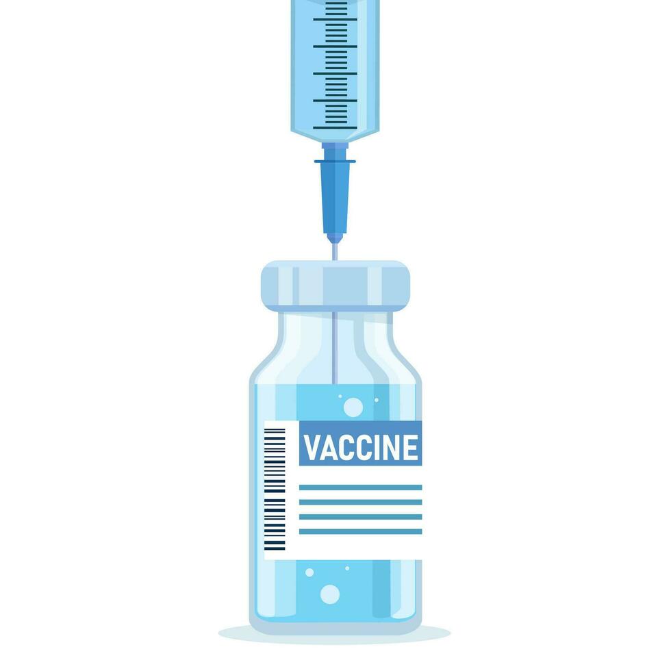 fles en injectiespuit met blauw vaccin injectie van covid-19 virus. covid-19 coronavirus concept. injectiespuit voor injectie en vaccin flessen geïsoleerd icoon. vector illustratie in een vlak stijl