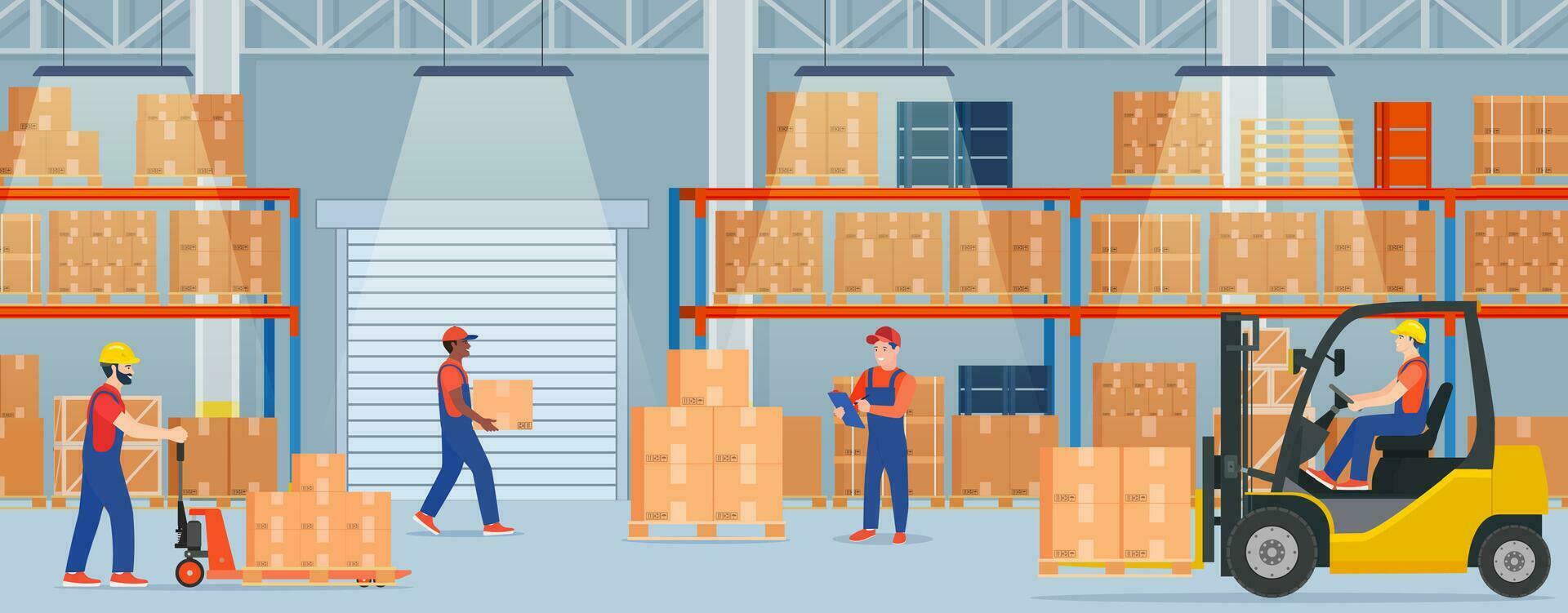 magazijn interieur met karton dozen Aan metaal rekken. magazijn interieur met goederen, pallet vrachtwagens, heftruck vrachtauto en houder pakket dozen. vector illustratie in vlak stijl