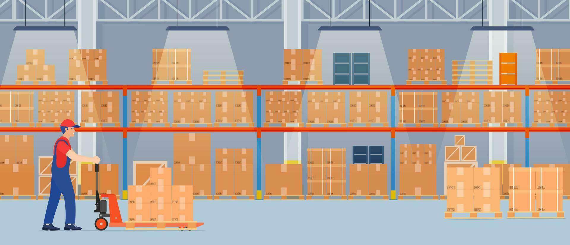 magazijn interieur met karton dozen Aan metaal rekken en werken mensen.. magazijn interieur met goederen, pallet vrachtwagens en houder pakket dozen. vector illustratie in vlak stijl