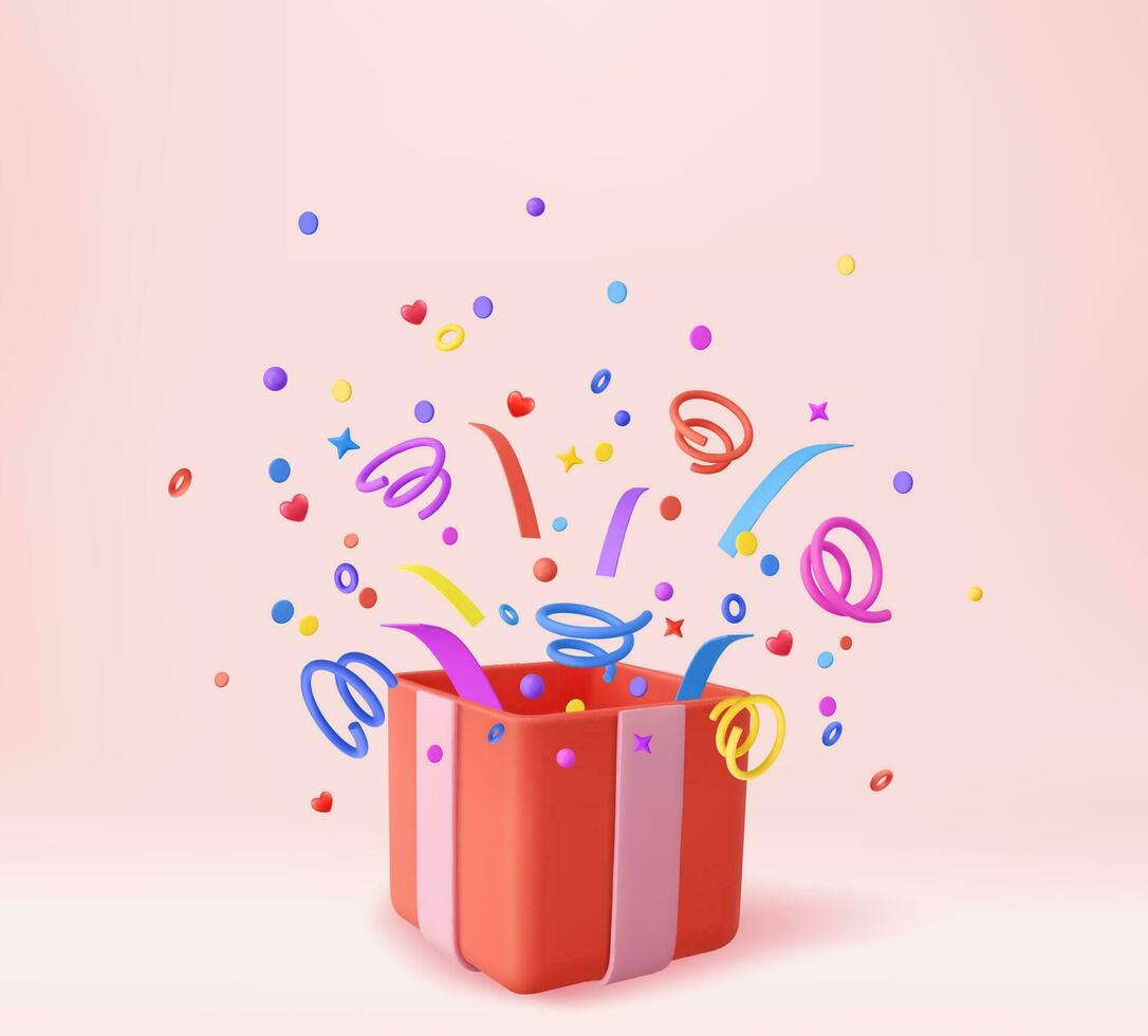 3d schattig verrassing geschenk doos met vallend confetti. Cadeau doos net zo prijs concept. Kerstmis en nieuw jaar s verrassing. Cadeau doos voor verjaardag. 3d weergave. vector illustratie