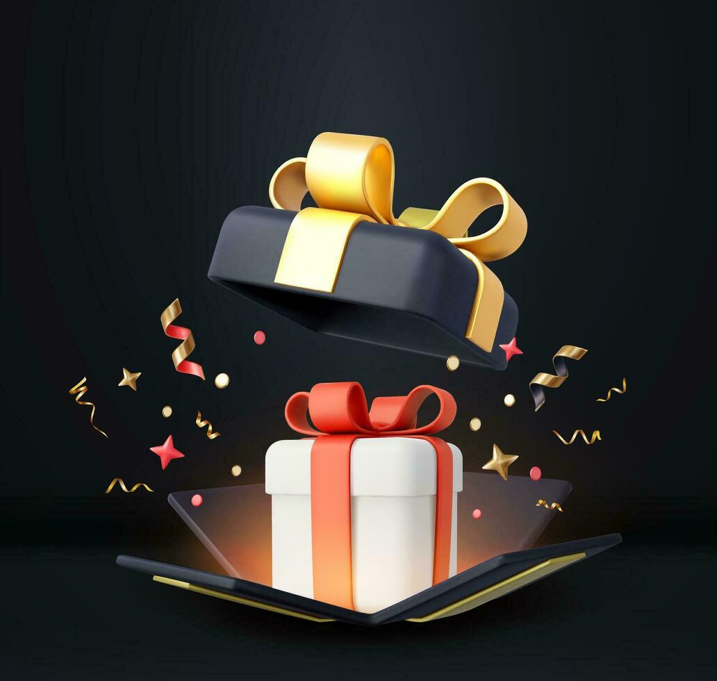 3d verrassing Open geschenk doos met vallend confetti. Cadeau doos net zo prijs concept. Kerstmis en nieuw jaar s verrassing. Cadeau doos voor verjaardag. 3d weergave. vector illustratie