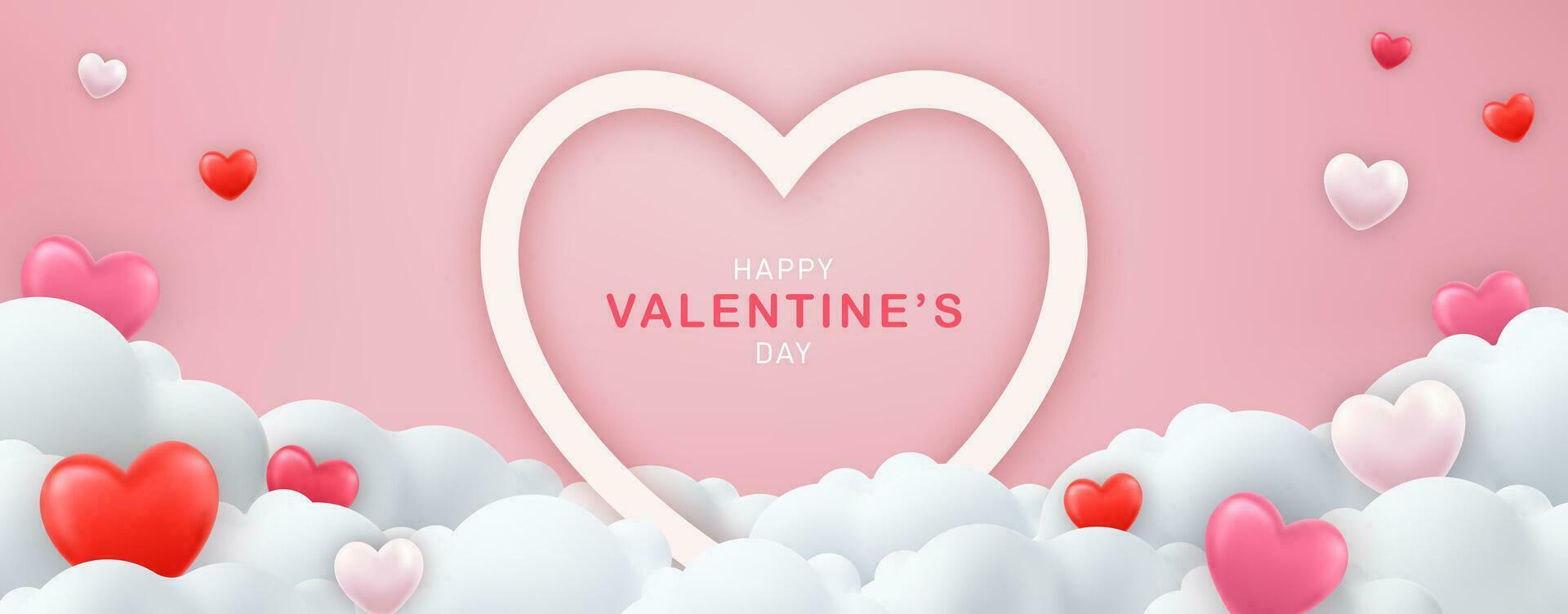 gelukkig Valentijnsdag dag poster of bon. roze banier partij uitnodiging sjabloon. 3d hart Aan wolk achtergrond. liefde concept voor gelukkig moeder s dag, Valentijn s dag, verjaardag dag. vector illustratie
