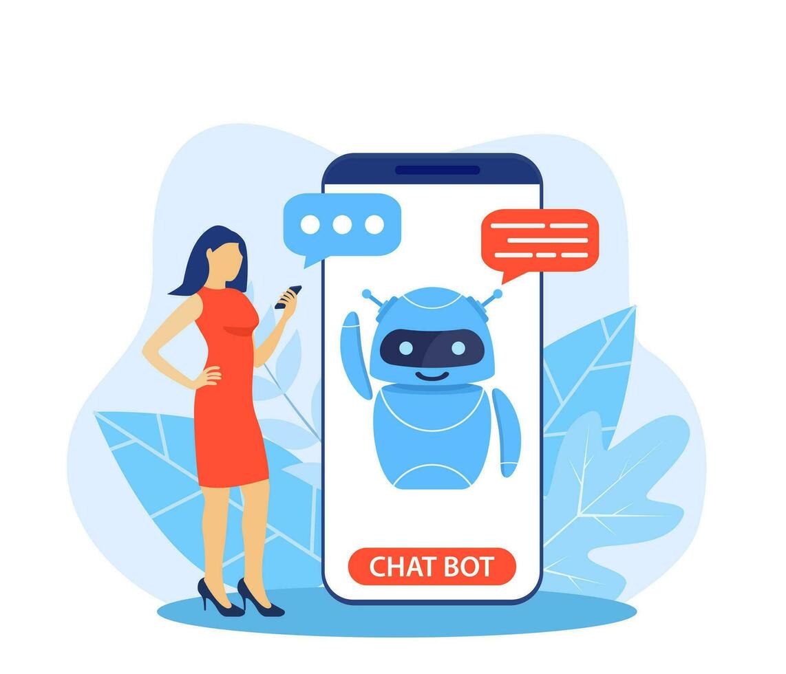 Chatbot ai en klant onderhoud concept. vrouw pratend met Chatbot in een groot smartphone scherm. ai robot assistent voor gebruiker correspondentie. klant steun. helpen. vector illustratie in vlak stijl