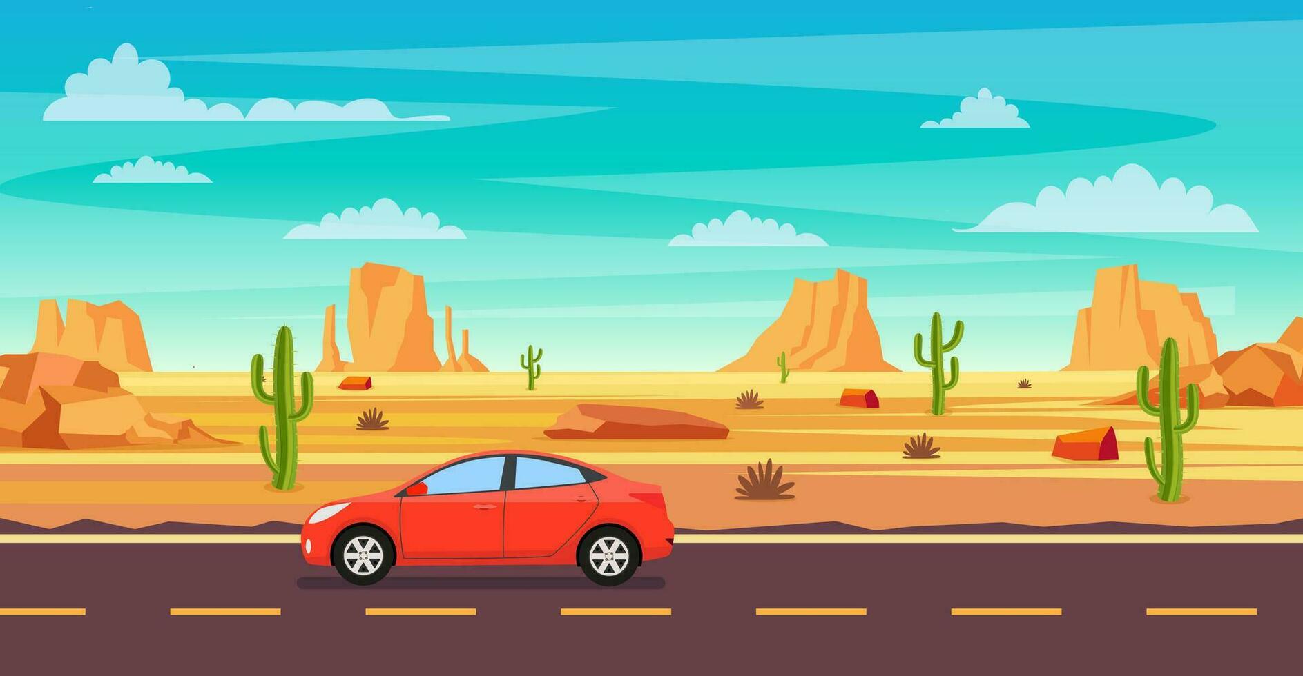woestijn landschap. cactus planten, weg en rotsen Aan de zand. natuurlijk achtergrond. rood auto het rijden Aan een weg in de woestijn tekenfilm wild west Texas. vector illustratie in vlak stijl