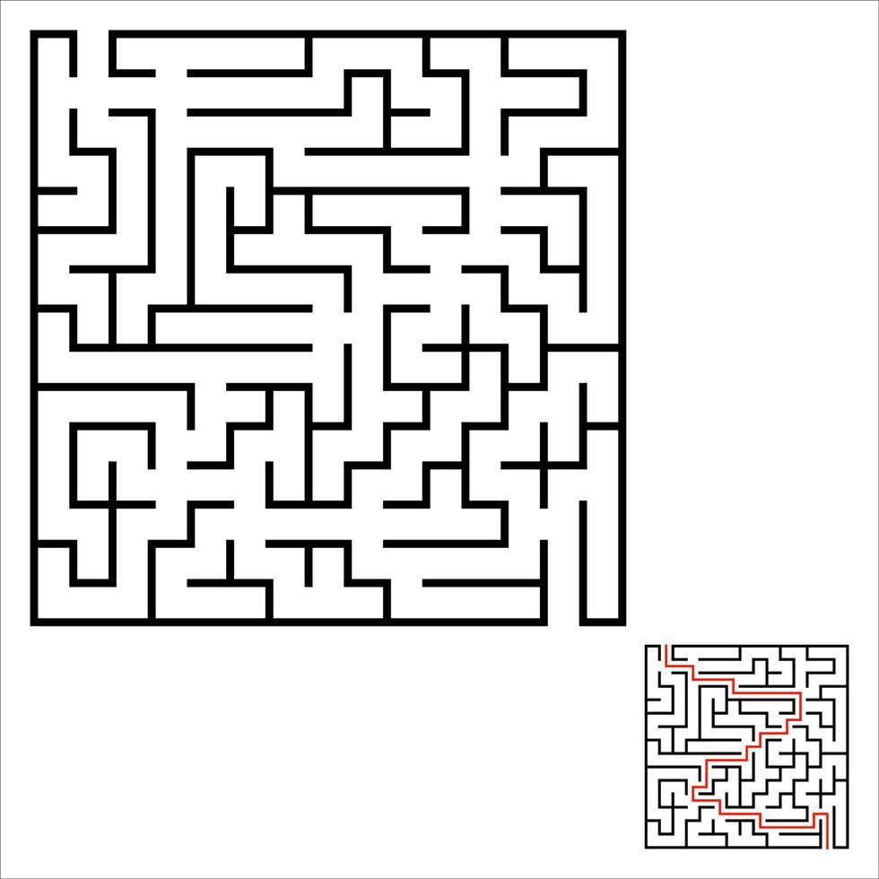 abstracte vierkante doolhof. een interessant en nuttig spel voor kinderen. kinder puzzel. labyrint raadsel. eenvoudige platte vectorillustratie geïsoleerd op een achtergrond in kleur. met het antwoord. vector