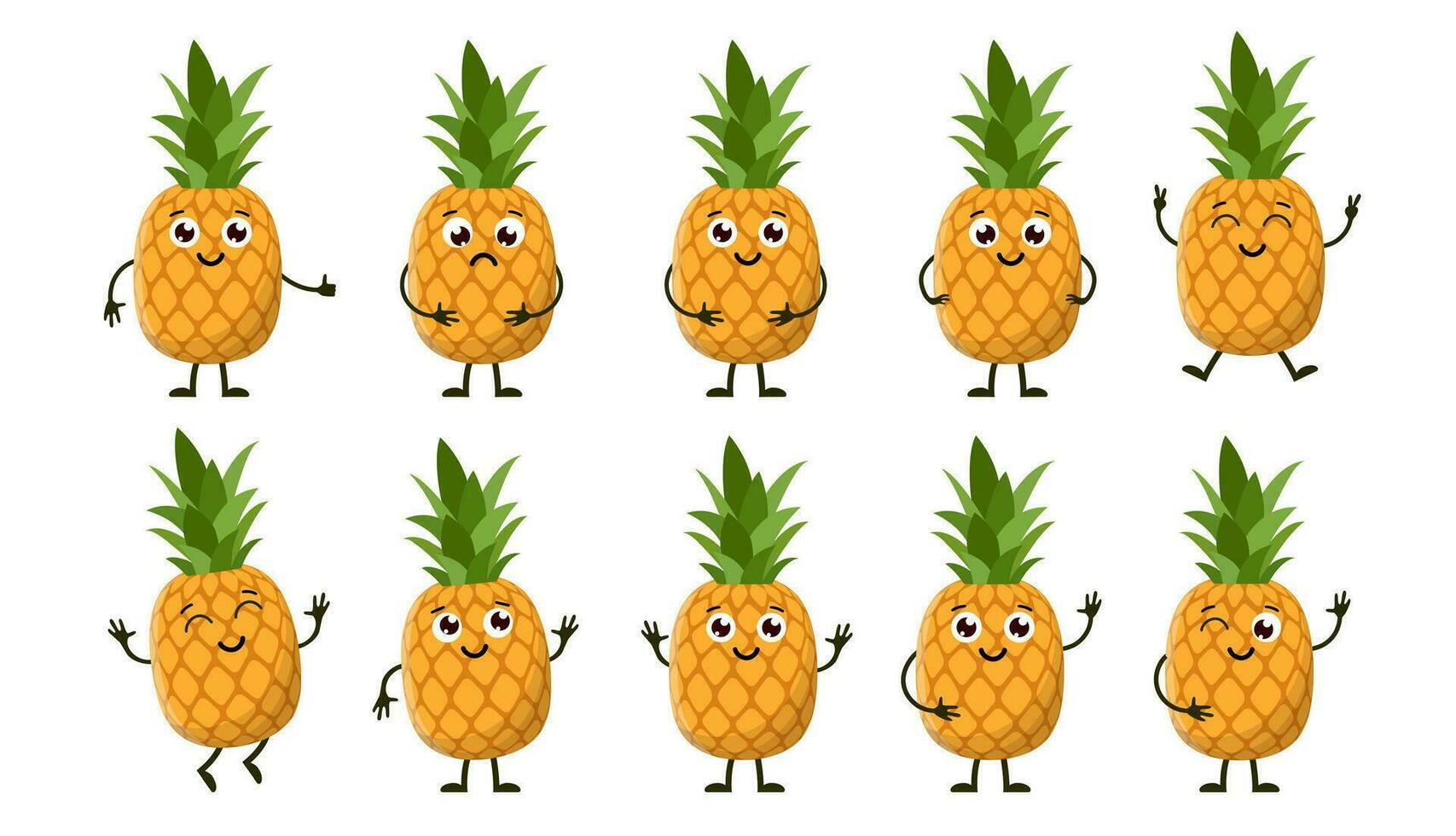 tekenfilm grappig vruchten. gelukkig ananas met gezicht. zomer fruit ananas tekens geïsoleerd Aan wit. vector illustratie in vlak stijl