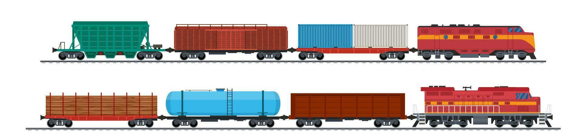 trein vracht wagens, het spoor lading en spoorweg containers. vracht trein met wagens, tanks, vracht, stortbakken. industrieel rijtuigen, kant visie. vector illustratie in vlak stijl