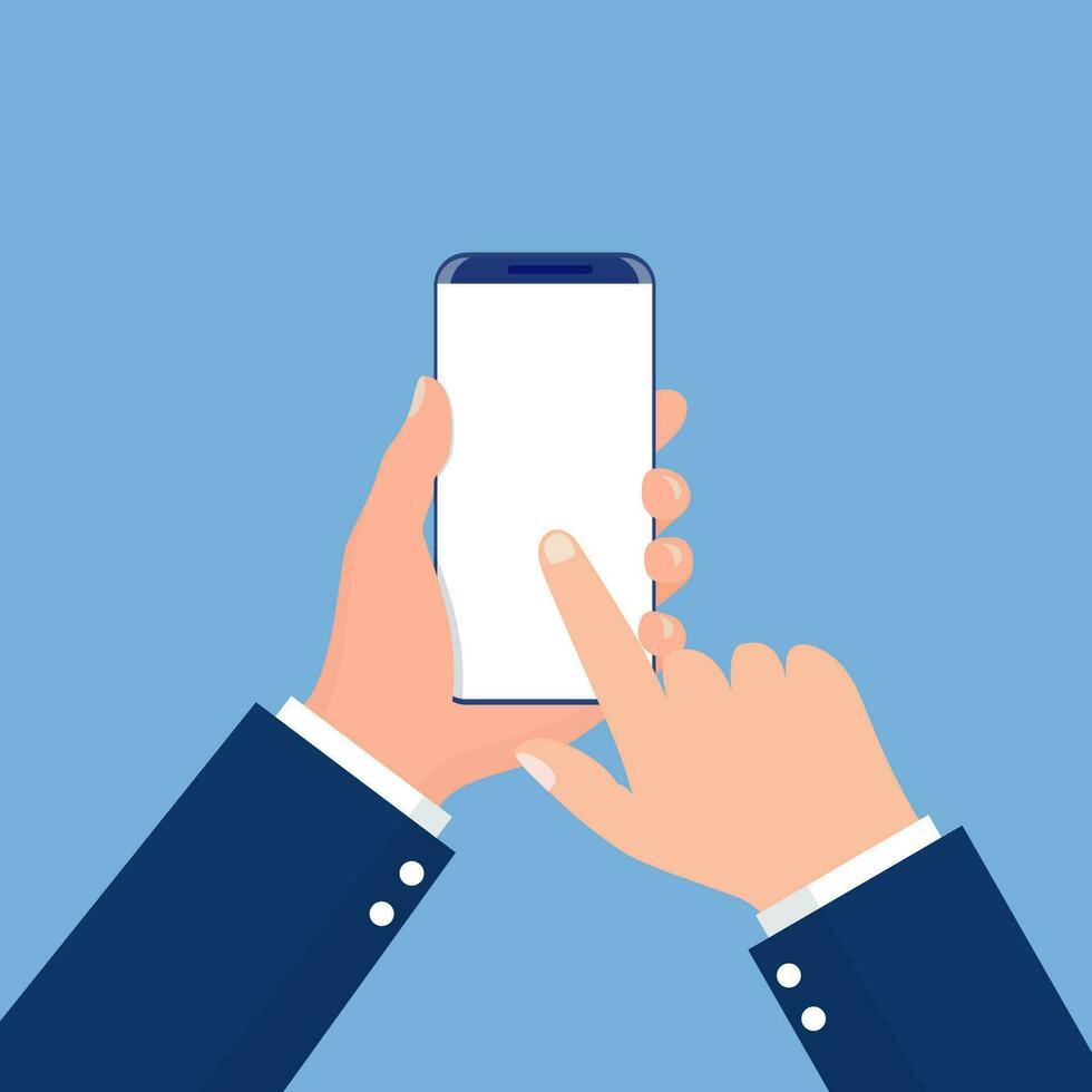 mannetje hand- Holding telefoon en richten Aan de blanco scherm voor toevoegen voorwerp. voor uw web plaatsen, toepassingen, web ontwerp. bedrijf stijl. vector illustratie in vlak stijl