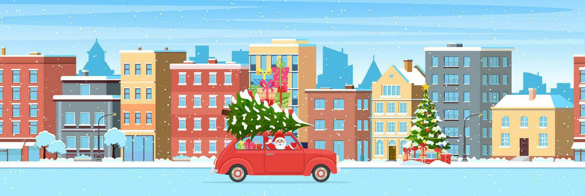 gelukkig nieuw jaar en vrolijk Kerstmis winter stad- straat. Kerstmis landschap kaart ontwerp van retro auto met giftbox en Kerstmis boom Aan de top. vector illustratie