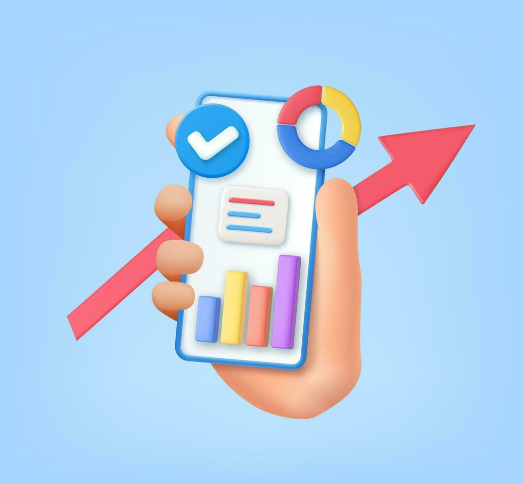 3d hand- Holding mobiel telefoon met gegevens grafiek, financieel verslag doen van grafiek, gegevens analyse. online marketing. handel voor bedrijf investering. 3d weergave. vector illustratie