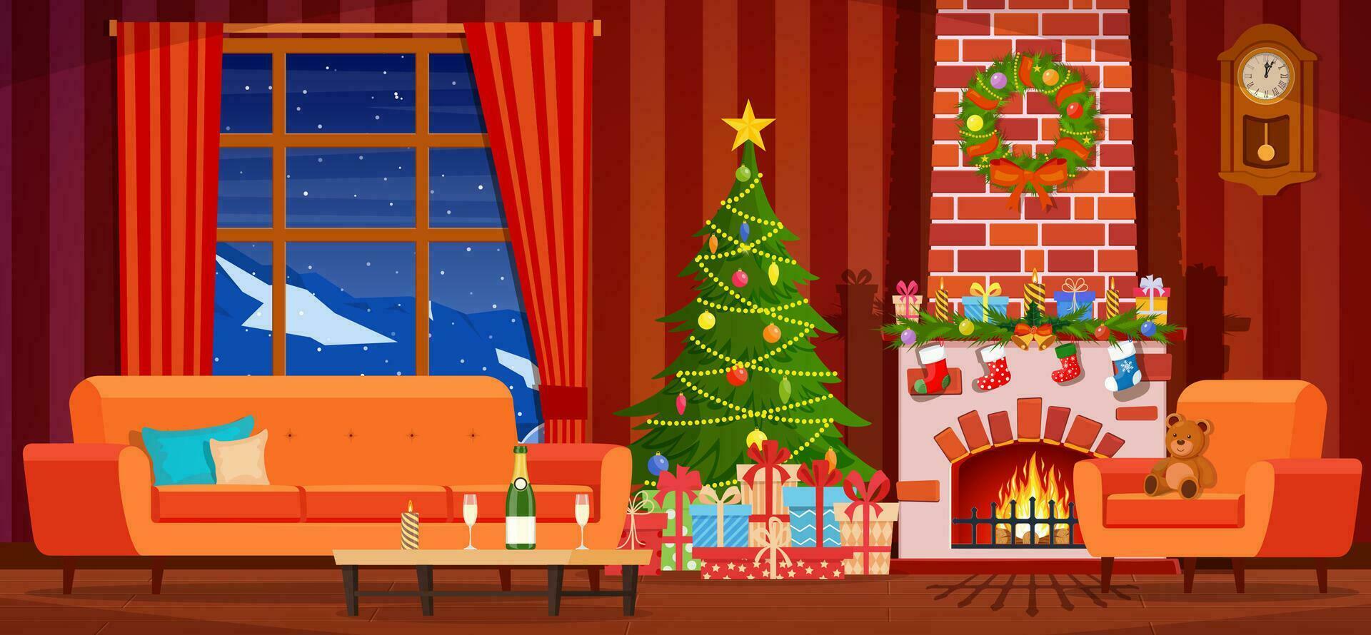 Kerstmis interieur van de leven kamer met een Kerstmis boom, cadeaus en een haard. gelukkig nieuw jaar decoratie. vrolijk Kerstmis vakantie. vector illustratie