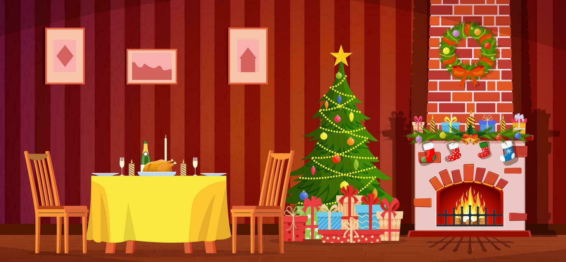 feestelijk interieur van leven kamer, nieuw jaar. Kerstmis boom, feestelijk tafel, geschenken bovenstaand haard voor nieuw jaar, mooi meubilair, haard, Kerstmis lauwerkrans, decoraties. vector illustratie