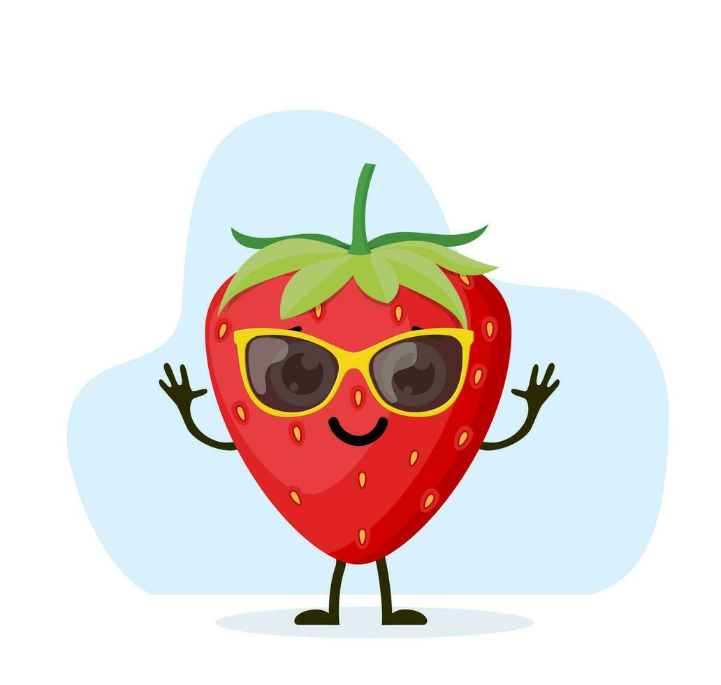 schattig en grappig aardbei karakter met zonnebril. kleurrijk zomer ontwerp. vector illustratie in vlak stijl