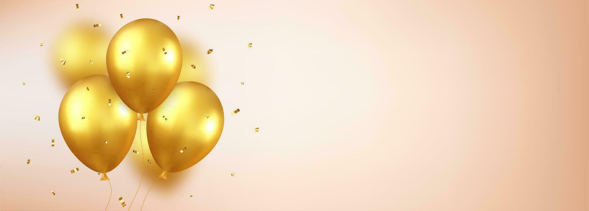 3d ballonnen met lintje. feestelijk ontwerp met goud gekleurde ballonnen met glinsterende confetti. elegant poster, omslag, banier, plaats, mobiel app. 3d weergave. vector illustratie