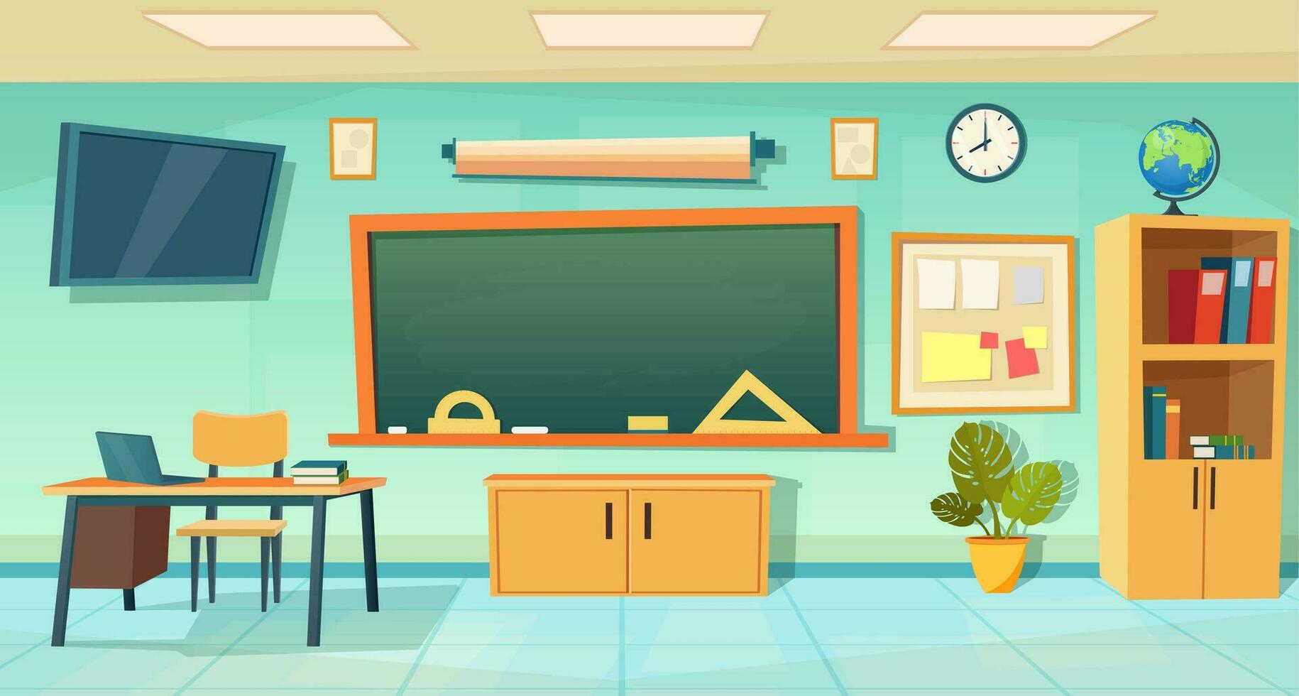 niemand school- klas interieur met leraren bureau en schoolbord. tekenfilm school- onderwijs achtergrond. klas interieur. vergadering kamer. vector illustratie in een vlak stijl