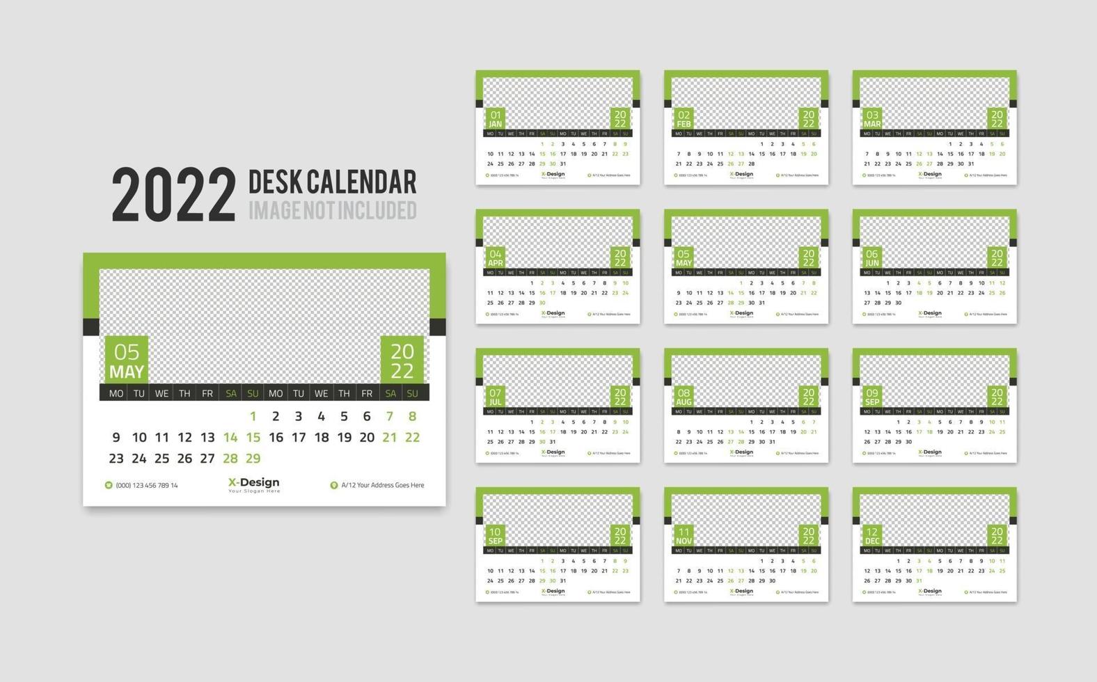 afdrukklare bureaukalendersjabloon voor 2022 jaar, desktop maandelijkse kantoorkalender 2022 week begint op maandag, jaarlijkse planner vector