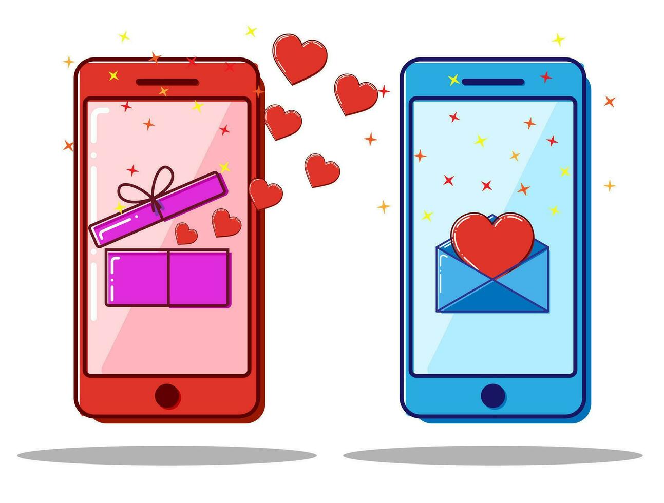 vlak lijn icoon telefoon met Open doos en harten, Valentijn geschenk. vector
