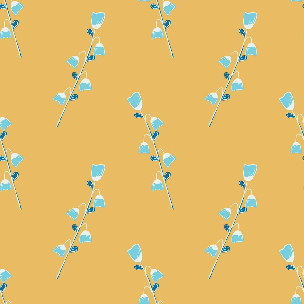 vector patroon met blauw messen van gras en bloemen, voorjaar grassen, twijgen met bladeren in hand getekend stijl Aan een beige achtergrond. botanisch illustratie voor stoffen, geschenk inpakken, kleding