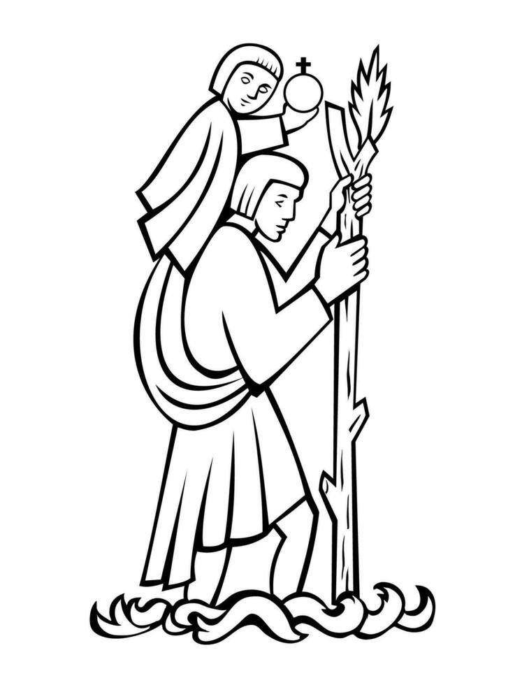 heilige christopher draag- de Christus kind middeleeuws lijn kunst vector
