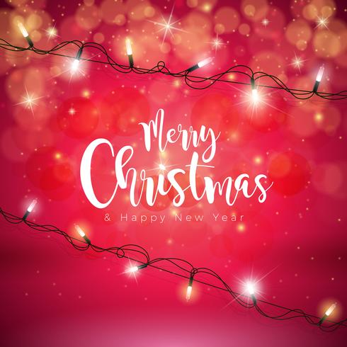 Vector Merry Christmas illustratie op glanzende rode achtergrond met typografie en vakantie licht Garland. Gelukkig nieuwjaarsontwerp.