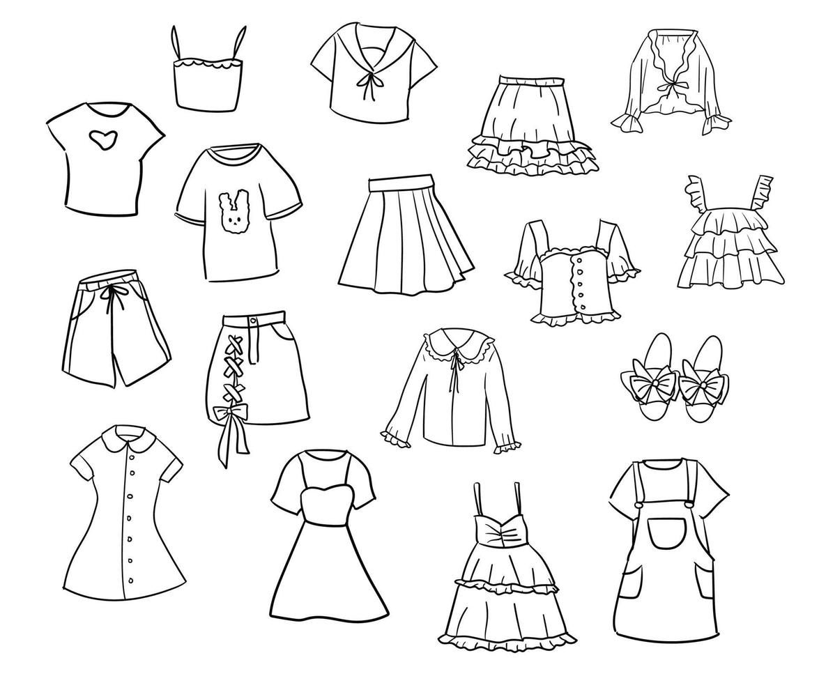 set van zwart-wit handgetekende doodle stijl jong meisje kleding. leuke kawaii meisjeskleding. vector eps 10