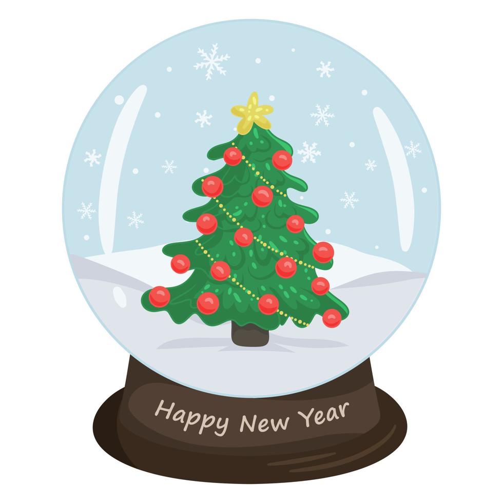 kerst kristallen bol met winterlandschap en kerstboom. vectorillustratie geïsoleerde witte achtergrond in cartoon-stijl. vector