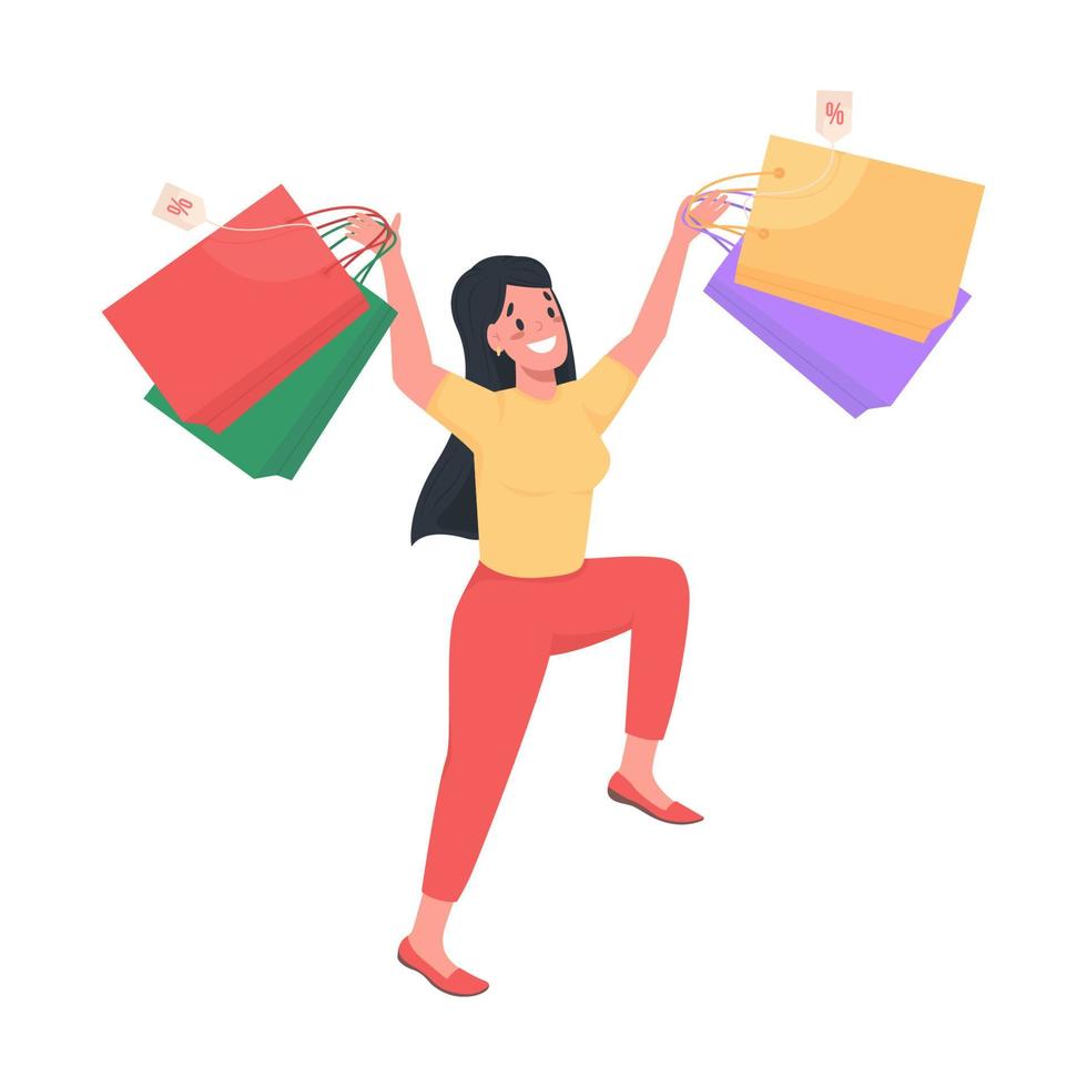 gelukkige vrouwelijke shopper semi-egale kleur vector karakter. springen in opwinding figuur. volledige lichaamspersoon op wit. shopaholic geïsoleerde moderne cartoonstijlillustratie voor grafisch ontwerp en animatie