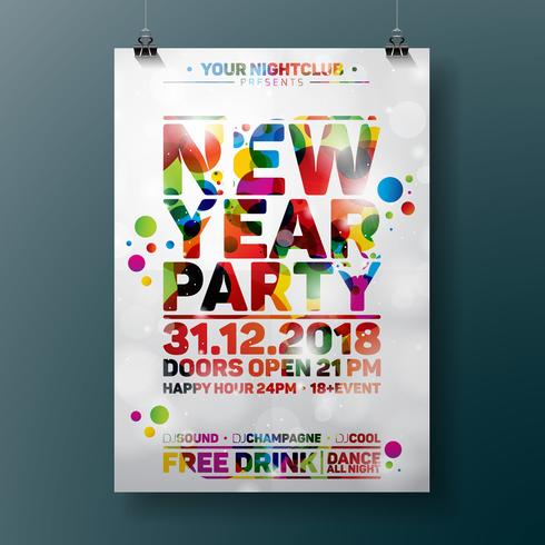 Nieuwjaar partij viering Poster illustratie met typografie ontwerp op glanzende kleurrijke achtergrond. Vector EPS 10.
