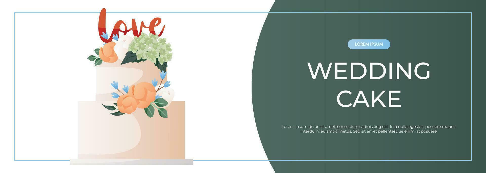 promo banier met tweeledig wit taart met bloemen, bladeren, liefde teken. bruiloft dag accessoires, decoraties. vieren huwelijk, opslaan de datum ceremonie voor poster, omslag, reclame vector