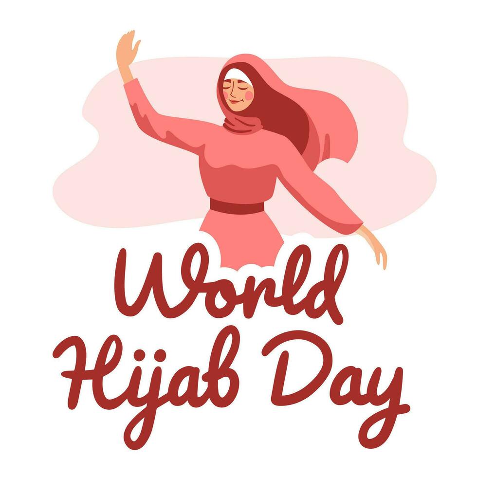 een gedekt meisje in een roze hijaab. Internationale hijam dag. een moslim vrouw is lachend. vlak, tekenfilm, vector. vector