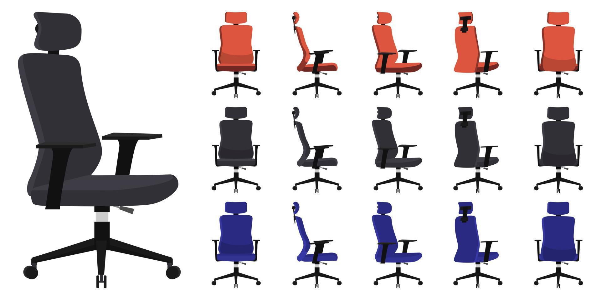 leuke mooie kantoorfauteuil voor thuis en op kantoor met verschillende pose-positie en kleur geïsoleerd op een witte achtergrond vector