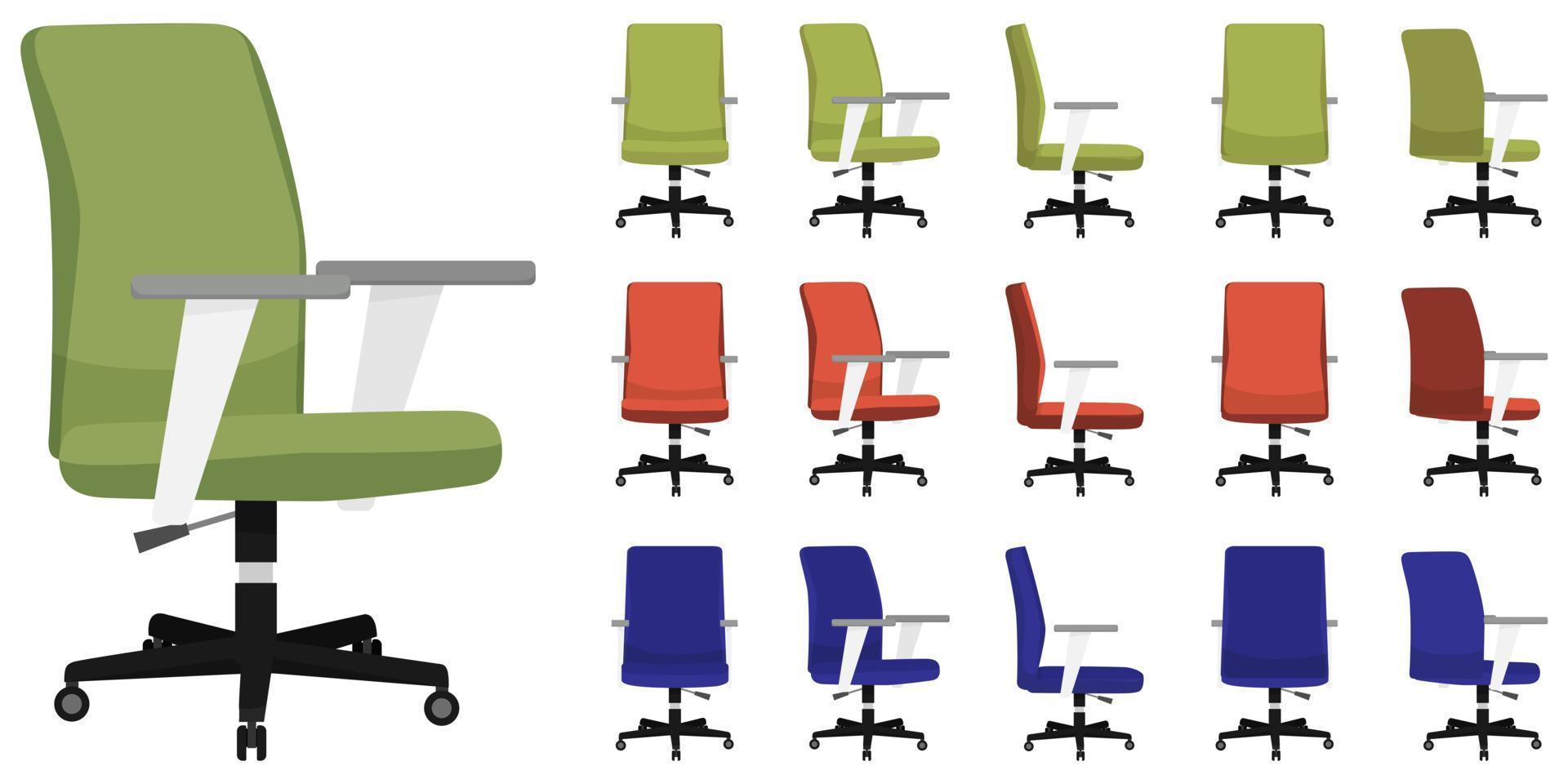 schattige mooie kantoorfauteuil voor thuis en op kantoor met verschillende pose-posities en geïsoleerde kleuren vector