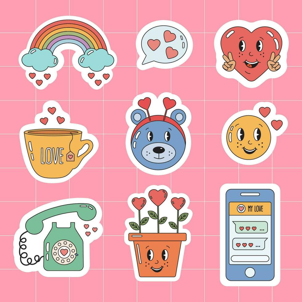 retro tekenfilm gelukkig valentijnsdag dag stickers pak voor dagelijks planner, dagboek. Valentijnsdag dag sticker insignes, etiketten. groovy hippie liefde stickers. verzameling van scrapbooking elementen voor valentijnsdag dag. vector