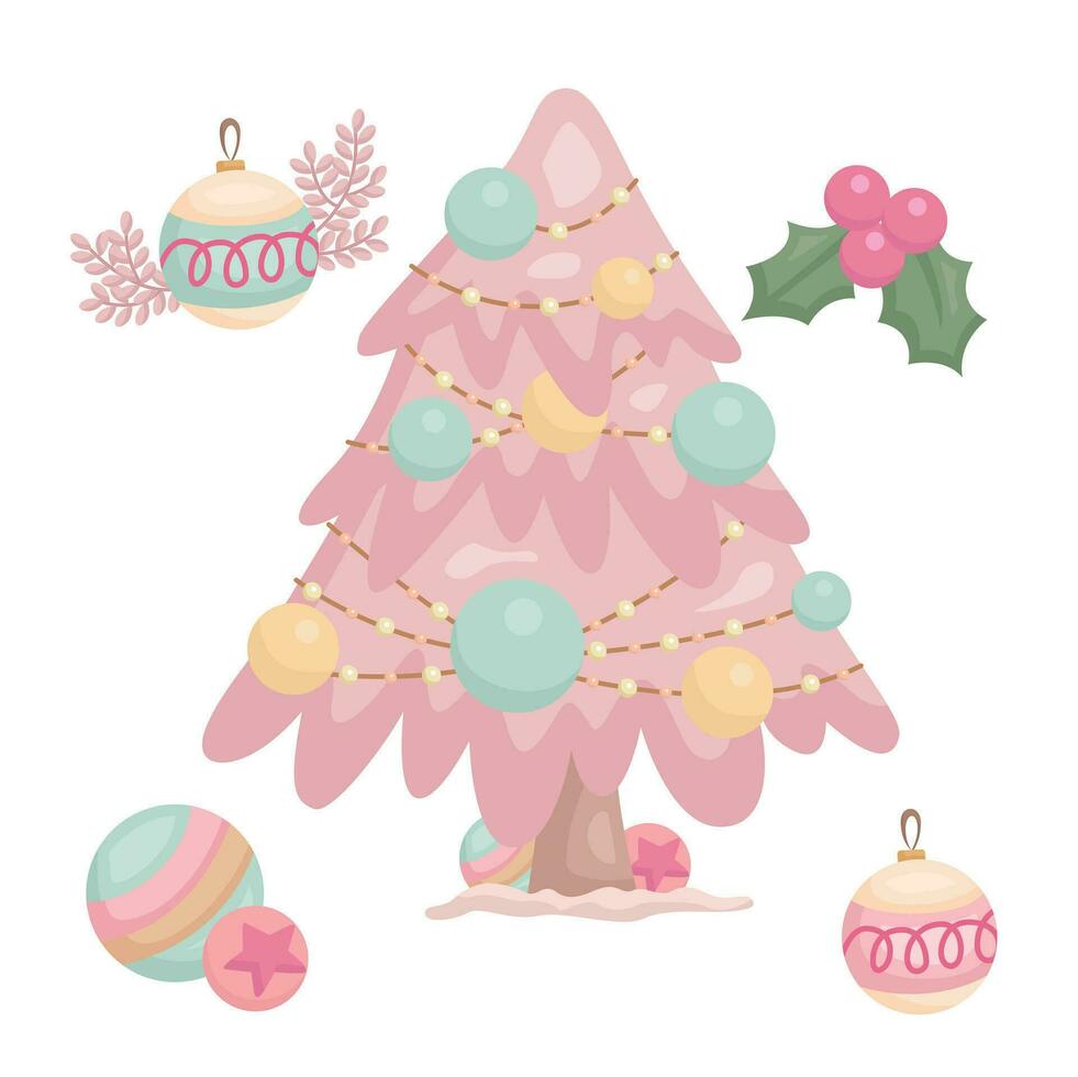 Kerstmis boom in roze decoratie tekenfilm illustratie vector clip art sticker