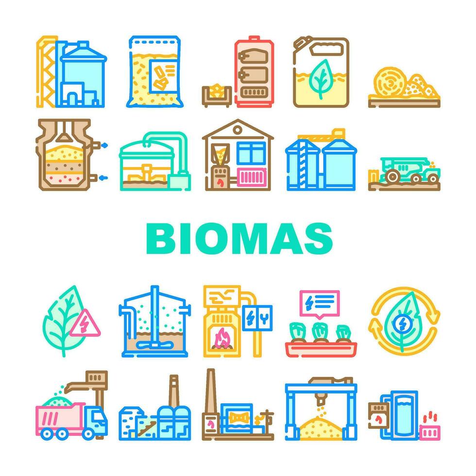 biomassa energie fabriek groen pictogrammen reeks vector