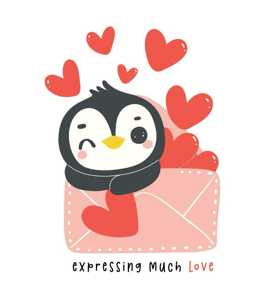 schattig pinguïn Valentijn levering liefde mail tekenfilm tekening, kawaii dier karakter illustratie. vector