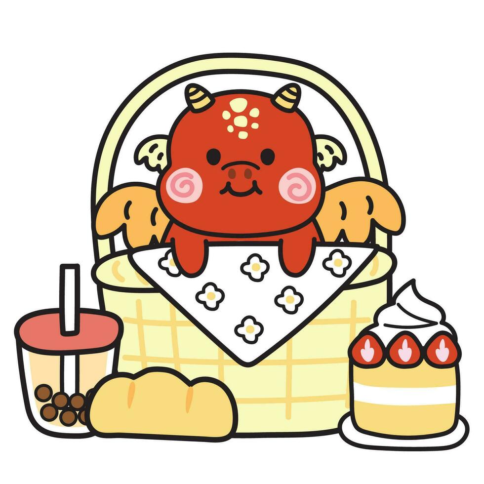 schattig draak blijven in mand met bakkerij Aan wit achtergrond.chinees dier karakter tekenfilm design.zodiac.kawaii.vector.illustration.illustrator. vector