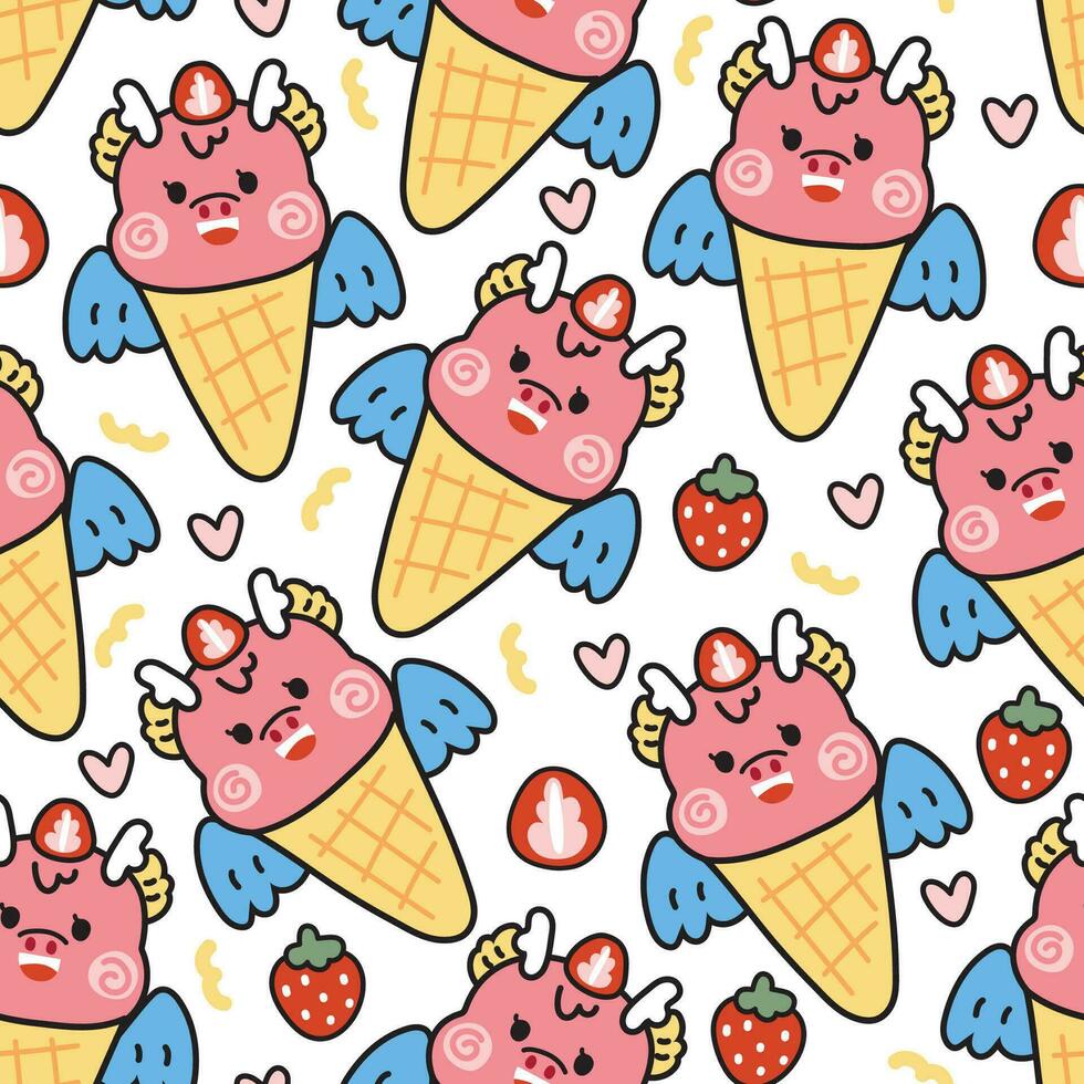 naadloos patroon van schattig draak ijs room aardbei met hart Aan wit achtergrond.chinees dier karakter tekenfilm ontwerp.zodiac.sweet en dessert.kawaii.vector.illustratie. vector