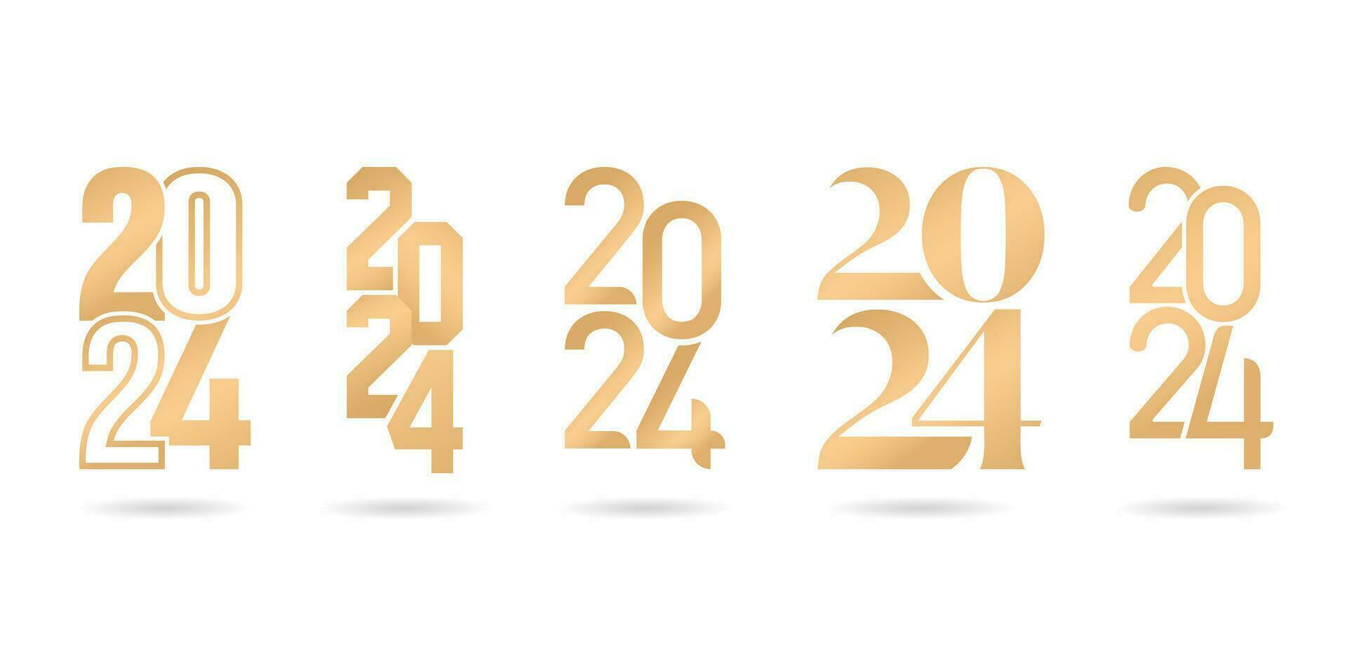 vijf reeks van goud getallen voor nieuw jaar en Kerstmis 2024 geïsoleerd wit achtergronden vector illustratie voor aan het bedekken kalender, sociaal media koppen, groet kaarten, scherm afdrukken, catalogus boekjes