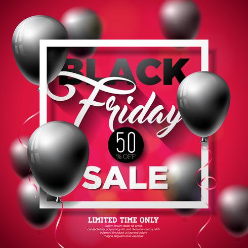 Black Friday verkoop vectorillustratie met glanzende ballonnen op rode achtergrond. Promotie ontwerpsjabloon voor spandoek of poster. vector