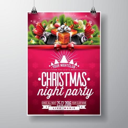 Vector Merry Christmas Party-ontwerp met vakantie typografie elementen en luidsprekers op glanzende achtergrond.