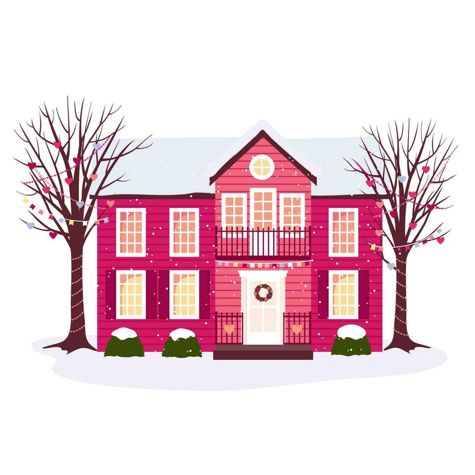 een groot huis versierd voor Valentijnsdag dag. een rood twee verdiepingen huisje met ramen en bomen voor Valentijnsdag dag. geïllustreerd vector clip art.