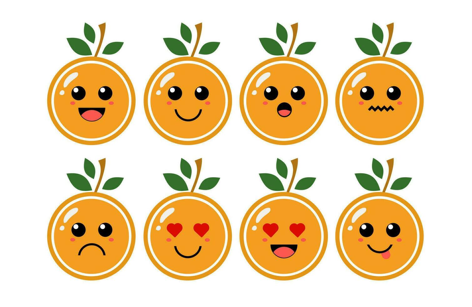 reeks van schattig tekenfilm kleurrijk oranje fruit met verschillend emoties. grappig emoties karakter verzameling voor kinderen. fantasie karakters. vector illustraties, tekenfilm vlak stijl