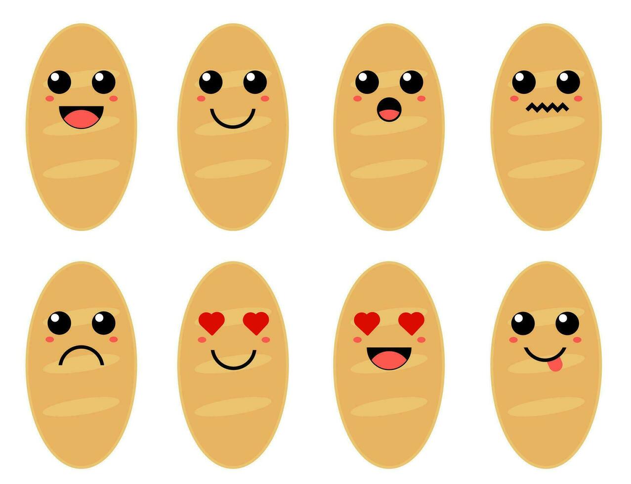 reeks van schattig tekenfilm kleurrijk lang brood met verschillend emoties. grappig emoties karakter verzameling voor kinderen. fantasie karakters. vector illustraties, tekenfilm vlak stijl.