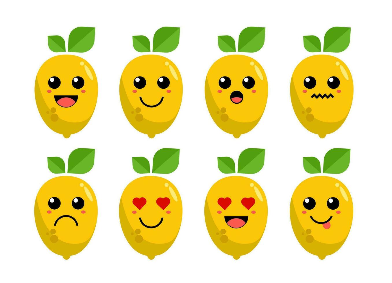 reeks van schattig tekenfilm kleurrijk geel citroen fruit met verschillend emoties. grappig emoties karakter verzameling voor kinderen. fantasie karakters. vector illustraties, tekenfilm vlak stijl