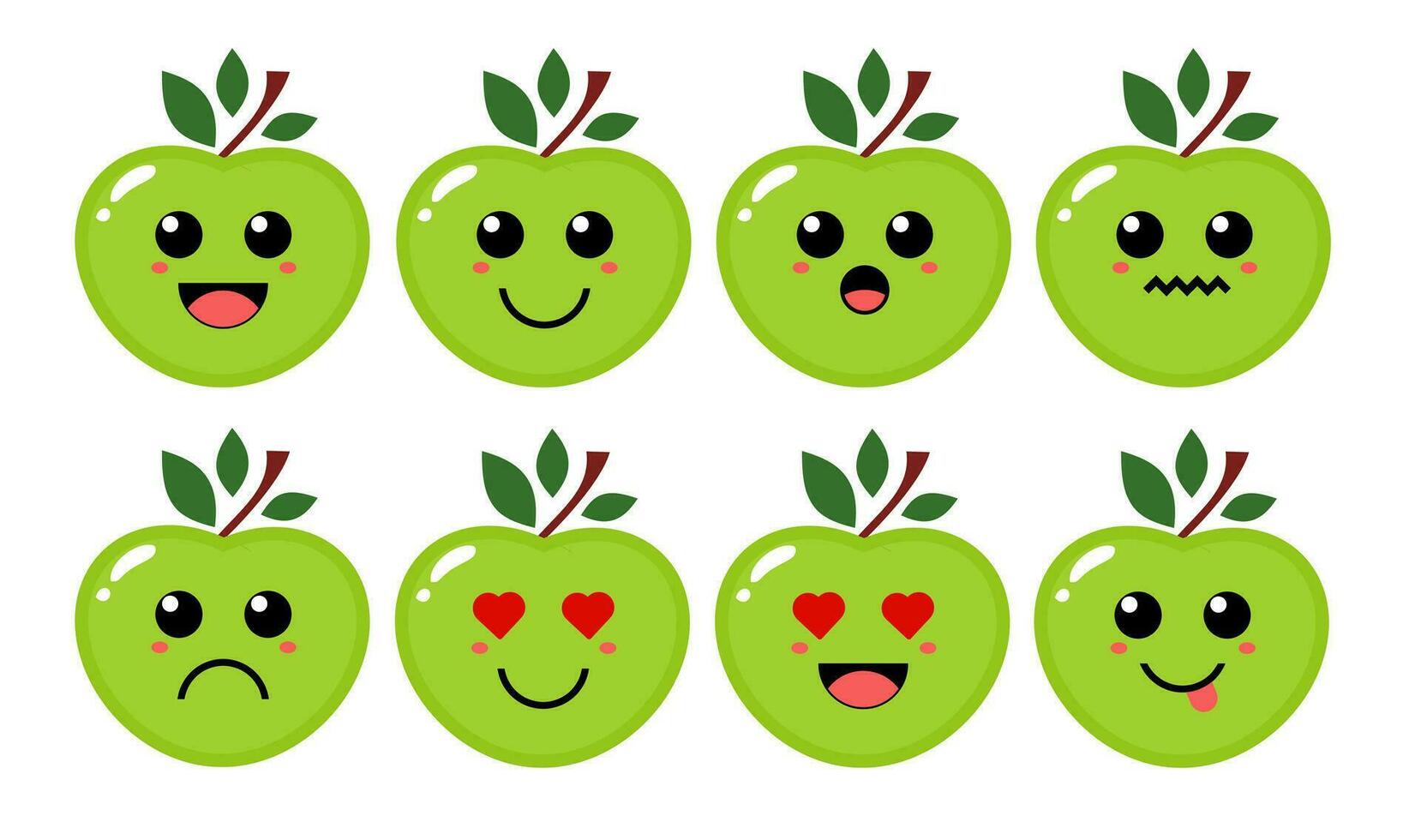 reeks van schattig tekenfilm kleurrijk groen appel met verschillend emoties. grappig emoties karakter verzameling voor kinderen. fantasie karakters. vector illustraties, tekenfilm vlak stijl