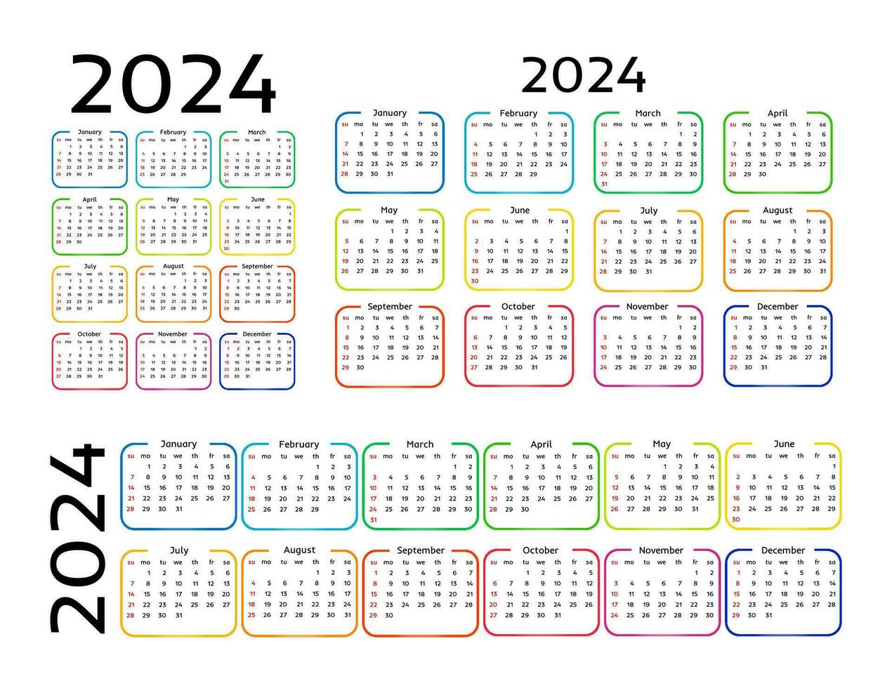 reeks van drie kalenders voor 2024 in verschillend vormen geïsoleerd Aan een wit achtergrond. zondag naar maandag, bedrijf sjabloon. vector illustratie