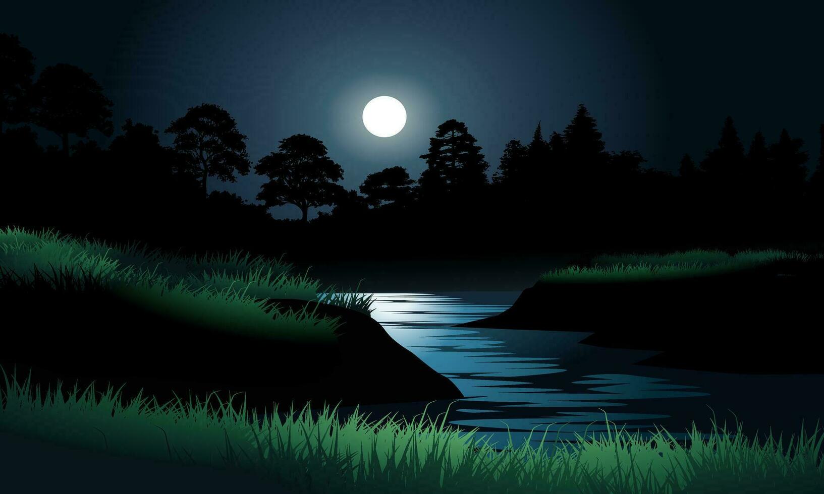 donker nacht in Woud met rivier- en maanlicht vector