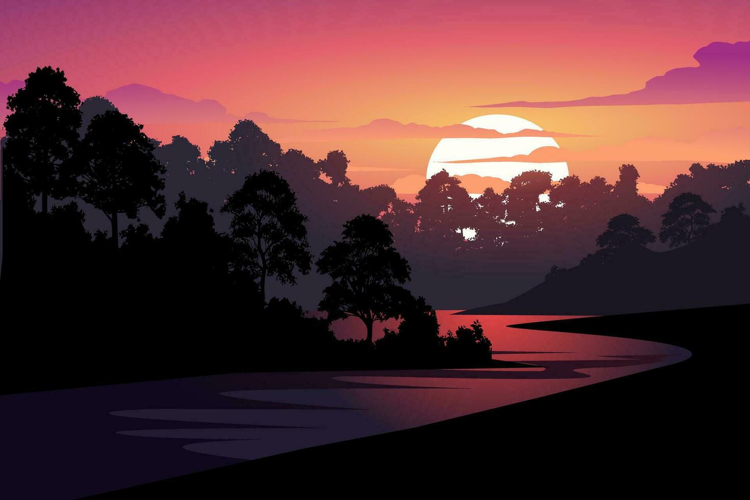 zonsondergang Bij rivier. vector natuur illustratie